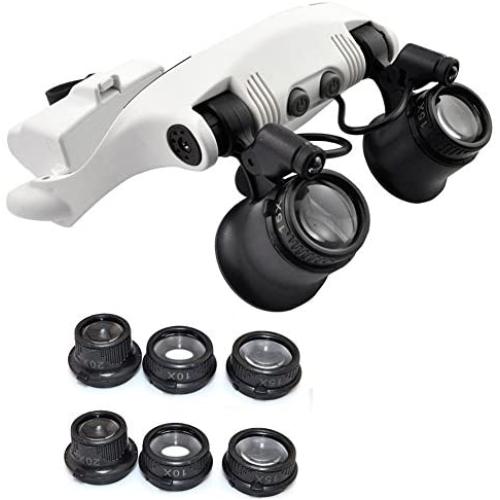 PROW New Headband Head-Worn Glasses Magnifier 10x 15x 20x 25x LED Jeweler Watch Repair Magnifying Eye Gass Loupe Binocular Magnifier for Jewelry Appraisal,Electronic Repair