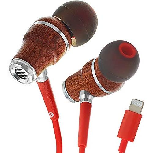 Symphonized NRG MFI Earbuds, Certified Lightning Earbuds Compatible with Apple iPhone/iPad/iPod, Premium Genuine Bubinga Wood in-Ear Noise Isolating Earphones, Stereo Wired Headphones (Red)
