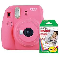 Fujifilm instax Mini 9 Instant Camera (Flamingo Pink) and instax Film Twin Pack (20 Exposures) Bundle Pink