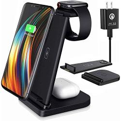 Wireless Charger, Detachable 3 in 1 Wireless Charging Station, Qi 15W Fast Wireless Charger Stand for Apple Watch SE 6 5 4 3 2 AirPods Pro iPhone 12 11 Pro Max Xs X Xr 8 Plus(with QC 3.0 Adapter)