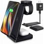 Wireless Charger, Detachable 3 in 1 Wireless Charging Station, Qi 15W Fast Wireless Charger Stand for Apple Watch SE 6 5 4 3 2 AirPods Pro iPhone 12 11 Pro Max Xs X Xr 8 Plus(with QC 3.0 Adapter)