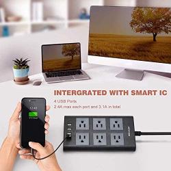 10 Ft Power Strip Flat Plug, JACKYLED Surge Protector with 6 AC Outlets 4 USB Charging Ports, 1875W/15A Long Extension Cord Pack Fireproof Desktop Charger for Office Home Kitchen School, Black Gray