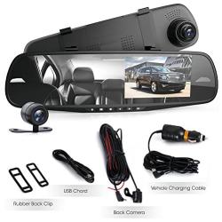 Pyle Dash Cam Rearview Mirror - 4.3” DVR Monitor Rear View Dual Camera Video Recording System in Full HD 1080p w/Built in G-Sensor Motion Detect Parking Control Loop Record Support - PLCMDVR49