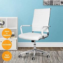 LUCKWIND Ergonomic Office Chair Ribbed Leather Swivel - Adjustable Height Tilt Arm Sleeves Lumbar Support High Back Upholstery Executive Modern Conference Computer Chrome Wheel Caster 350lb (White)