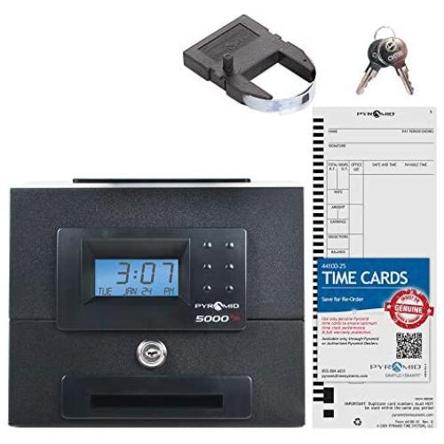 Pyramid Time Systems, Pyramid 5000HD Heavy Duty Steel Auto Totaling Time Clock, includes 25 time cards, ribbon, 2 security keys and user guide, Made in the USA, Black