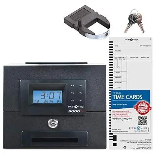 Pyramid Time Systems, Pyramid 5000HD Heavy Duty Steel Auto Totaling Time Clock, includes 25 time cards, ribbon, 2 security keys and user guide, Made in the USA, Black