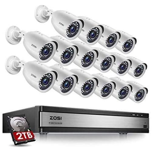 ZOSI H.265+ 1080p 16 Channel Security Camera System, 16 Channel DVR Recorder with Hard Drive 2TB and 16 x 1080p Weatherproof CCTV Bullet Camera Outdoor Indoor with 80ft Night Vision, Motion Alerts