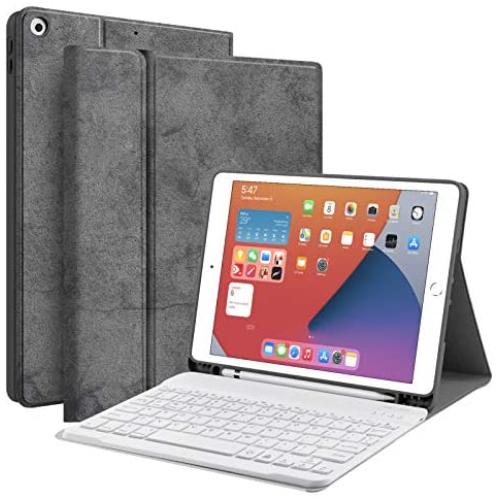 Keyboard Case for iPad 10.2 8th 7th Generation - JUQITECH Smart Case with Wireless Keyboard iPad 10.2'' 8th 2020 7th 2019 Slim Tablet Detachable Bluetooth Keyboard Stand Cover with Pencil Holder, Gray