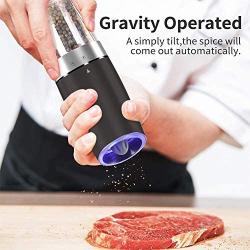 JOBKIM Gravity Electric Pepper Grinder set of 2, Automatic Salt and Pepper Mill Grinder, Battery Powered, Adjustable Roughness, Blue LED Light, Stainless Steel with One Hand Operation