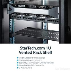 StarTech.com 1U Vented Server Rack Cabinet Shelf - 10in Deep Fixed Cantilever Tray - Rackmount Shelf for 19'' AV/Data/Network Equipment Enclosure with Cage Nuts & Screws - 44lbs capacity (CABSHELFV1U)