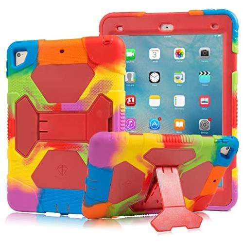 New iPad 9.7 2018 / 2017 Case, KIDSPR Lightweight Shockproof Rugged Cover with Stand Protective Full Body Rugged for Kids for New iPad 9.7 inch 2018/2017 (6th Gen, 5th Gen) (Rainbow/Red)