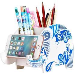 COOLBROS Elephant Pencil Holder With Phone Holder Desk Organizer Desktop Pen Pencil Mobile Phone Bracket Stand Storage Pot Holder Container Stationery Box Organizer (Glacial elephant)