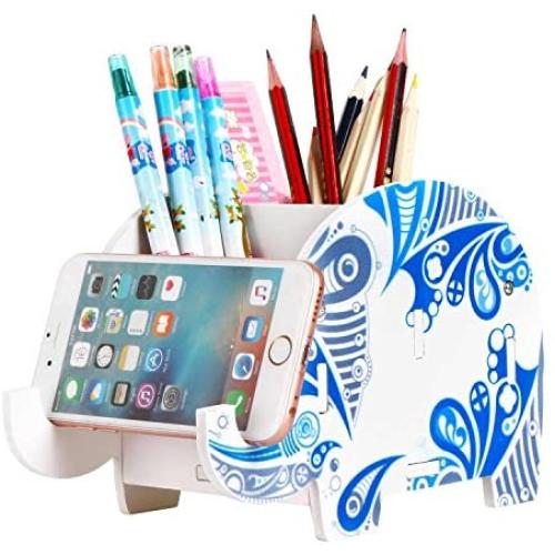 COOLBROS Elephant Pencil Holder With Phone Holder Desk Organizer Desktop Pen Pencil Mobile Phone Bracket Stand Storage Pot Holder Container Stationery Box Organizer (Glacial elephant)