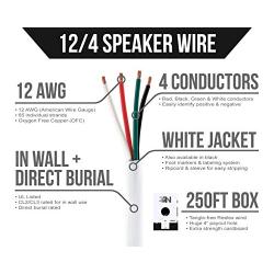 Next 12/4 Speaker Wire - 12 AWG/Gauge 4 Conductor - UL Listed in Wall (CL2/CL3) and Outdoor/In Ground (Direct Burial) Rated - Oxygen-Free Copper (OFC) - 250 Foot Bulk Cable Pull Box - White