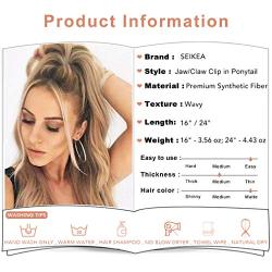 SEIKEA Ponytail Extension Claw Clip 16'' 24'' Long Wavy Curly Hair Extension Jaw Clip Ponytail Hairpiece Synthetic Pony Tail (16 Inch, 27/613)