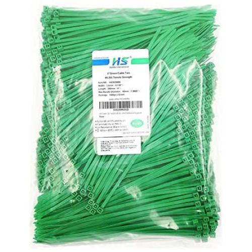 HS Green Zip Ties 8 Inch (Bulk-1000 Pack) Nylon Cable Ties 40 Lbs Self-Locking Wire Ties for Electronics Organizer