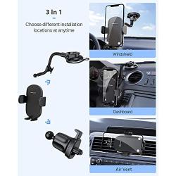 Car Phone Mount, 3-in-1 Universal Cell Phone Holder Dashboard Windshield Air Vent, Flexible Long Arm, Strong Suction Anti-Shake Stabilizer Fit with iPhone 12 Pro Max/11/X/SE, Samsung Galaxy and More