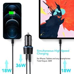 USB C Car Charger, Total 36W Dual Type C PD Car Charger with 18W PD & QC 3.0 Fast Car Charger Adapter Compatible with iPhone 12/12 Pro Max/11Pro/11/Samsung/iPad and More