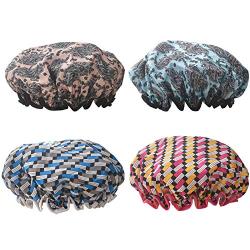 Mea Tira Mildew-Proof, Waterproof, Smooth Fabric Bath Cap, Extra Large And Suitable For All Hairstyles, Elastic Shrink Hem -Pack Of 4 PCs,(Style Flowers And Fashionable Plaid)