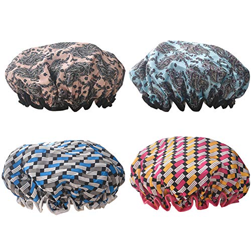 Mea Tira Mildew-Proof, Waterproof, Smooth Fabric Bath Cap, Extra Large And Suitable For All Hairstyles, Elastic Shrink Hem -Pack Of 4 PCs,(Style Flowers And Fashionable Plaid)