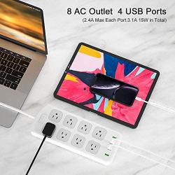 Power Strip Surge Protector with 8 AC Outlets and 4 USB Charging Ports,1875W/15A,6 Feet Long Extension Cord and 8 outlet for flat plug Phone iPad PC Laptop Smartphone Tablets Home,Office & Hotel- Gray