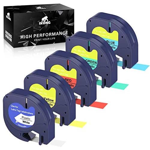 IKONG Replacement for Dymo LetraTag Refills Plastic Tape 91331 91332 91333 91334 91335 Labeling Tape Used with DYMO LetraTag Plus LT-100H LT-100T QX50 Label Maker (1/2 Inch x 13 Feet, 12mm x 4m, 5p)