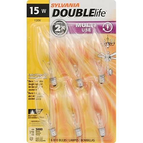 SYLVANIA Home Lighting 15318 Incandescent Bulb, B10-15W, Double Life, Clear Finish, Candelabra Base, Pack of 6