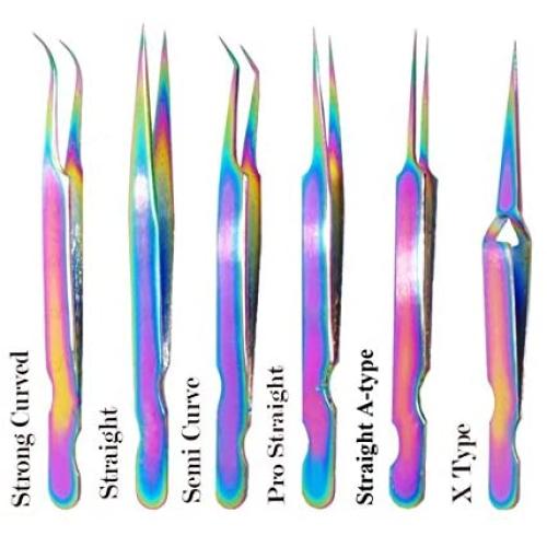 Eyelash Extension Tweezers Precision Set of 6 - Anti-Static Stainless Steel Professional Tweezers Set with Case for Eyebrow, Splinter