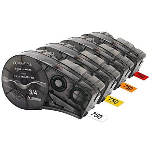 Labelife Compatible Label Tape Replacement for M21-750-595-WT /YL/OR/RD, 3/4 Hight Adhesion Vinyl Label Tape (Black on White/Yellow/Orange/Red), 0.75 Inch Width, 4-Pack
