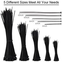 Wire Ties,HMfire 500 Pcs Adjustable & Durable Self-Locking Nylon Zip Cable Ties Heavy Duty, 4/6/8/10/12Inch, 4mm Width, Black