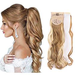 Cagora Ponytail Extension Curly Wavy Clip in Pony Tail Extensions Wrap Around Hairpiece Claw Synbthetic Ponytails Magic Paste Hair Wraps Human Hair Ponytail for Women (Ash Blonde Mix White(27H613))