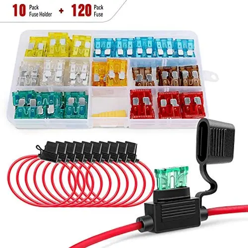 Nilight - 50029R 120 Pcs Standard Blade Fuse 5A/7.5A/10A/15A/20A/25A/30A AMP Assorted Set with 10 Pack 14AWG ATC/ATO Inline Fuse Holder, 2 Years Warranty