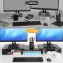AMERIERGO Dual Monitor Stand Riser- 3 Shelf Screen Stand with Adjustable Length and Angle, 2 Extra Functional Slot Desktop Organizer Stand for PC, Computer, Laptop (Black)