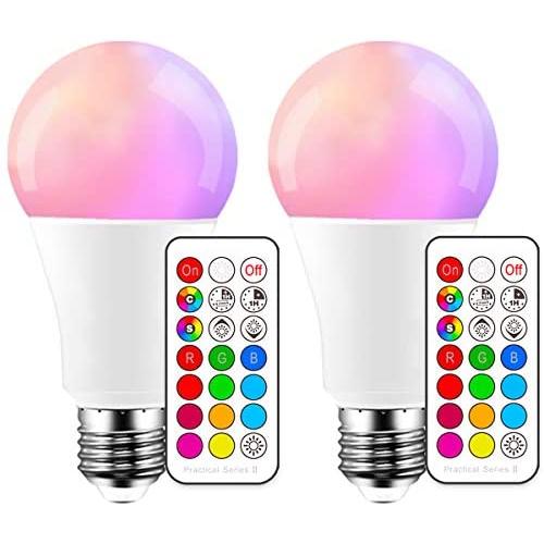 Color Changing LED Light Bulbs, 70W Equivalent, 2700K Warm White A19 E26 Screw Edison Base RGBW Dimmable - 12 Color Choices - Timing Infrared Remote Control Included (2 Pack)