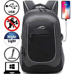 Backpack for School College Student Sturdy Bookbag Travel Business with USB Charging Port Laptop compartment Chest Straps Anti Theft Night Light Reflective (Black)