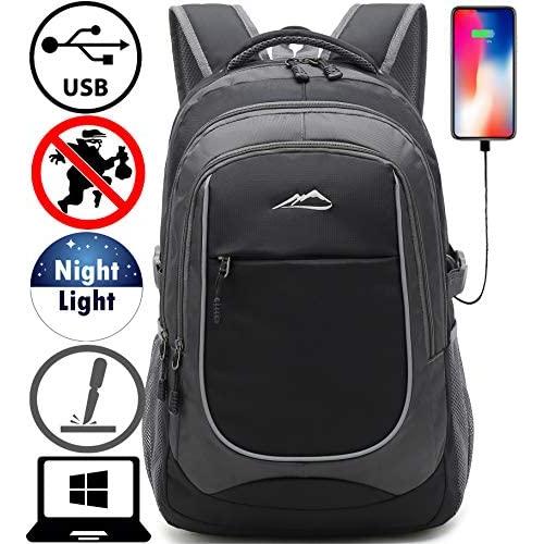Backpack for School College Student Sturdy Bookbag Travel Business with USB Charging Port Laptop compartment Chest Straps Anti Theft Night Light Reflective (Black)