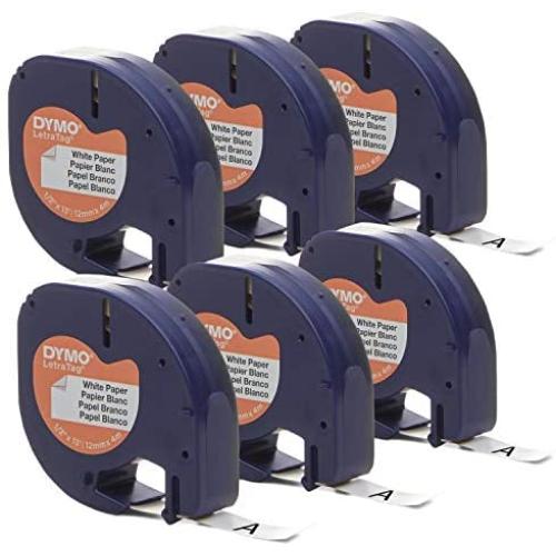 DYMO Authentic Lt Paper Labeling Tape for LetraTag Label Makers, 1/2'' (12mm), Black Print On White Tape, 6-Pack