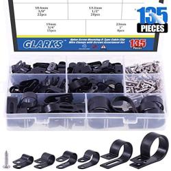 Glarks 135Pcs 6 Sizes 1/4-1 Black Nylon Screw Mounting R-Type Cable Clip Wire Clamp with 132Pcs Screws for Wire, Cable, Conduit and Cable Conduit Kit (Black)