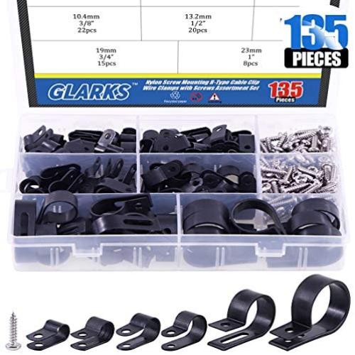 Glarks 135Pcs 6 Sizes 1/4-1 Black Nylon Screw Mounting R-Type Cable Clip Wire Clamp with 132Pcs Screws for Wire, Cable, Conduit and Cable Conduit Kit (Black)