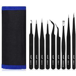 Precision Tweezer Set - FEITA Professional ESD Stainless Steel Anti static Tweezers Kit for Electronic, craft, Jewelry, Watchmakers, Hobby (Black 9 Pcs)