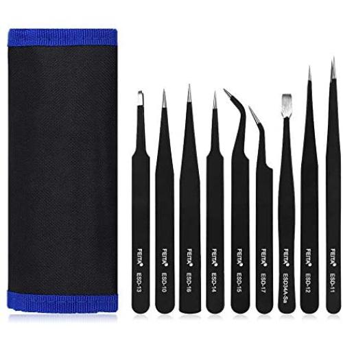 Precision Tweezer Set - FEITA Professional ESD Stainless Steel Anti static Tweezers Kit for Electronic, craft, Jewelry, Watchmakers, Hobby (Black 9 Pcs)
