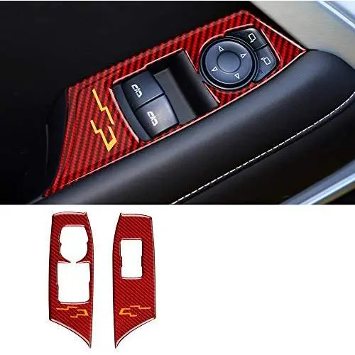 Real Carbon Fiber Interior Door Window Lift Switch Button Panel Decorative Frame Cover Trim Stickers for Chevrolet Camaro 2016-2020 Accessories (2Pieces - Red)