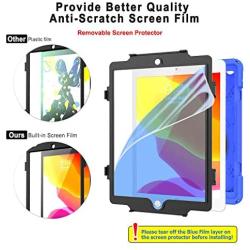 10.2 Inch iPad Case 2020/2019 with Strap, [Built in Screen Protector] TSQ iPad 8th/7th Generation Case Heavy Duty Child Proof Shockproof Hard Rubber Case w/ 360 Degree Rotatable Stand/Hand Strap, Blue