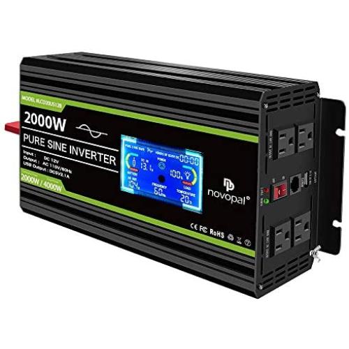 Novopal 2000w Pure Sine Wave Power Inverter 12V DC to 110V/120V AC Converter- 4 AC Outlets Car Inverter with 1 USB Port-16.4 Feet Remote Control and LCD Display Dual Cooling Fans Inverter for CPAP RV