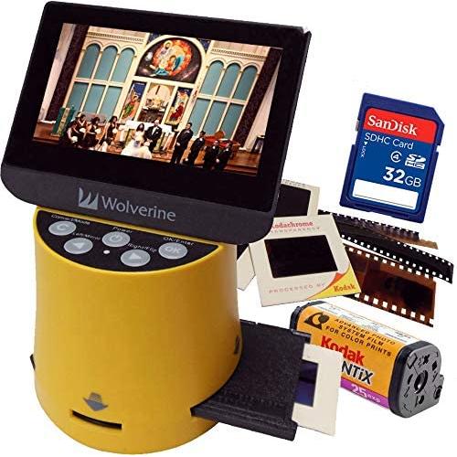 Wolverine Titan 8-in-1 20MP High Resolution Film to Digital Converter with 4.3'' Screen and HDMI Output, Worldwide Voltage 110V/240V AC Adapter & 32GB SD Card (Bundle) (Yellow)