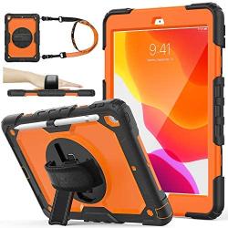 SEYMAC stock Case for iPad 8th/7th Generation,iPad 10.2 Case [Full-Body] Protective Case with [360 Degrees Rotating Stand] & Strap [Pencil Holder] for iPad 8th/7th Generation 2020/2019 (Orange+Black)