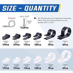Glarks 132Pcs 6 Sizes 1/4-1 Black and White Nylon Screw Mounting R-Type Cable Clip Wire Clamp with 132Pcs Screws for Wire, Cable, Conduit and Cable Conduit Kit