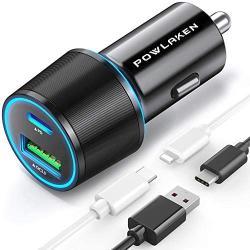 USB C Car Charger, Total 36W Dual Type C PD Car Charger with 18W PD & QC 3.0 Fast Car Charger Adapter Compatible with iPhone 12/12 Pro Max/11Pro/11/Samsung/iPad and More