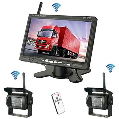 Podofo Wireless Vehicle 2 x Backup Cameras Parking Assistance System Ir Night Vision Waterproof Rear View Camera + 7'' Monitor for RV Truck Trailer Bus