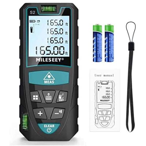 Laser Measure, Mileseey 165 Feet Digital Laser Distance Meter with 2 Bubble Levels,M/In/Ft Unit switching Backlit LCD and Pythagorean Mode, Measure Distance, Area and Volume (165 Feet)